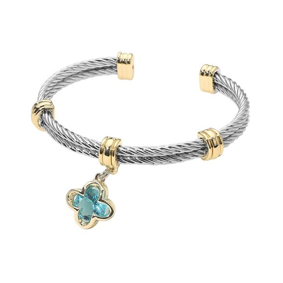 Tigerstars Blue Cubic Zirconia  Stone Clover Charm Cuff Bracelet - Picture 1 of 2